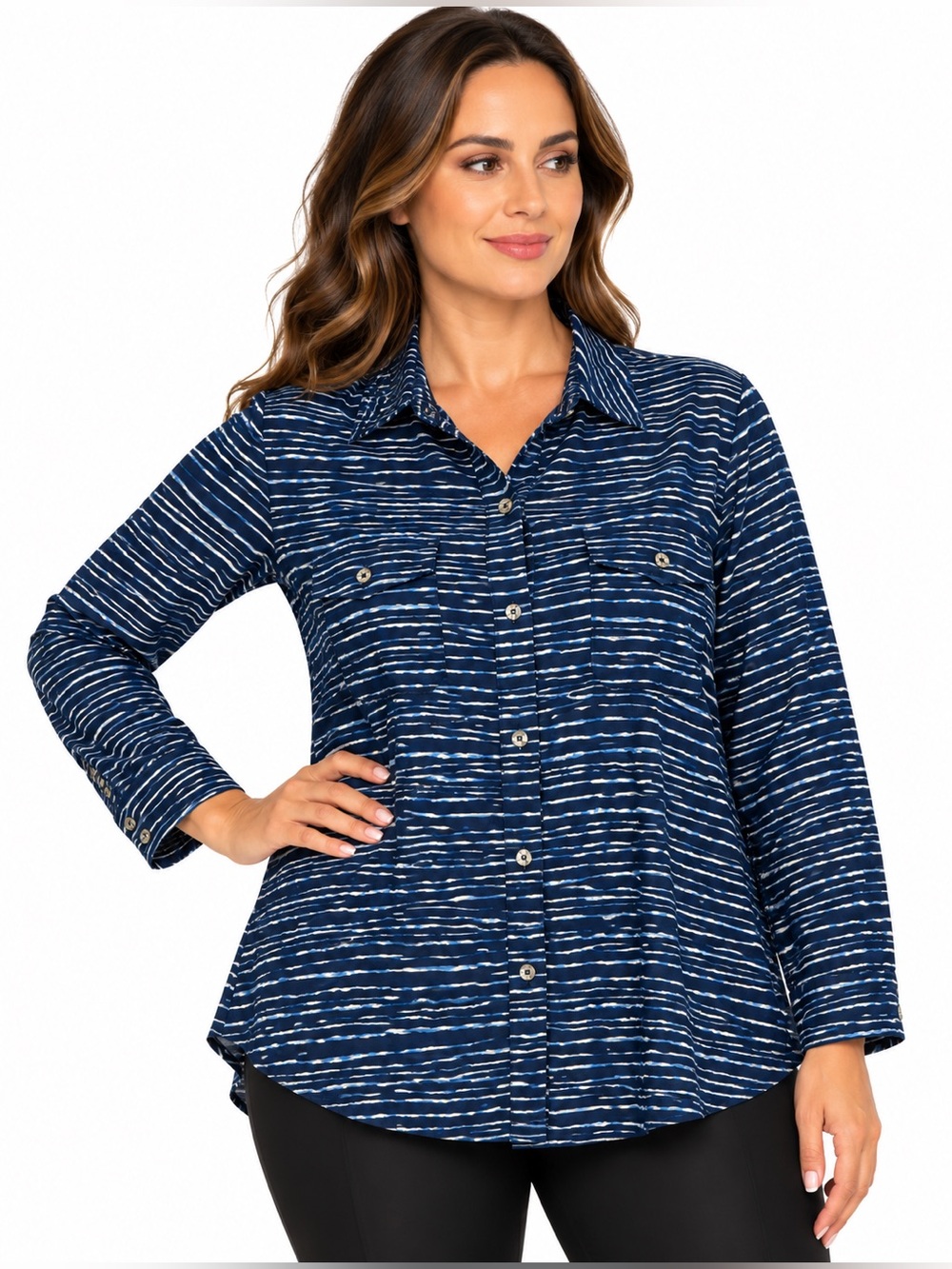 Blue Sky Clothing Co. 1X Navy Blue White Striped Button Down Tunic Shirt